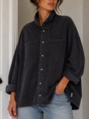 PACT  Organic Cotton Oversized Button Front Shirt Jacket Charcoal Gray Large